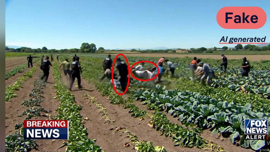 Screenshot showing glitches in an AI-generated video with ICE officers allegedly detaining illegal immigrants on a field