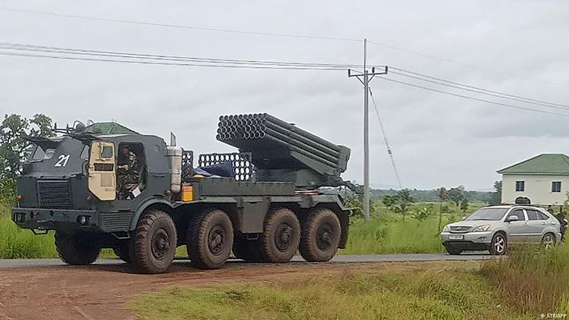 A Cambodian BM-21 multiple rocket launcher returns from the Cambodia-Thai border as Cambodian and Thai troops exchanged fire in a new round of clashes