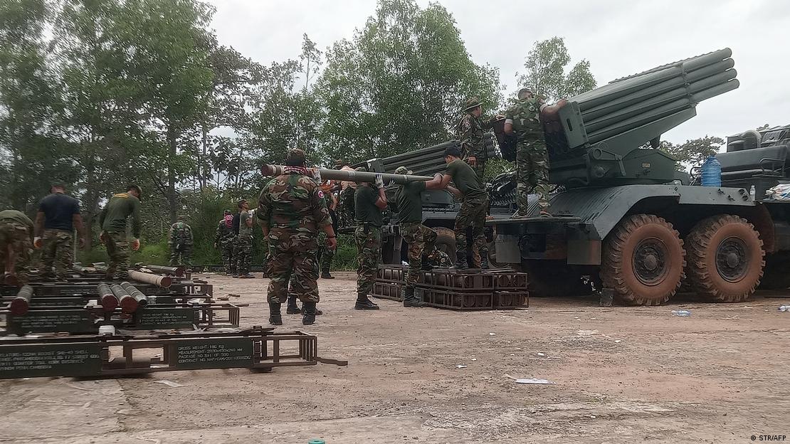 Cambodian soldiers reload the BM-21 multiple rocket launcher in Preah Vihear province on July 24, 2025