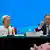 Chinese Premier Li Qiang speaks as European Commission President Ursula von der Leyen looks on during the EU-China Business leaders symposium at the Great Hall of the People in Beijing, China, July 24, 2025