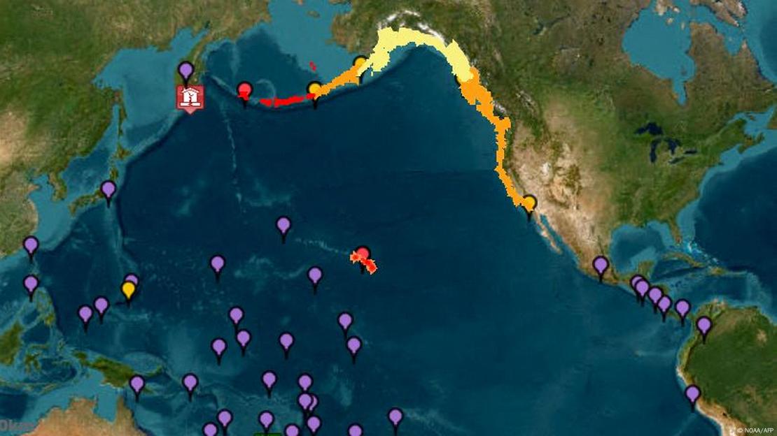 Mapa con alertas de tsunami en el Pacífico tras el fuerte terremoto en la costa este de Rusia.