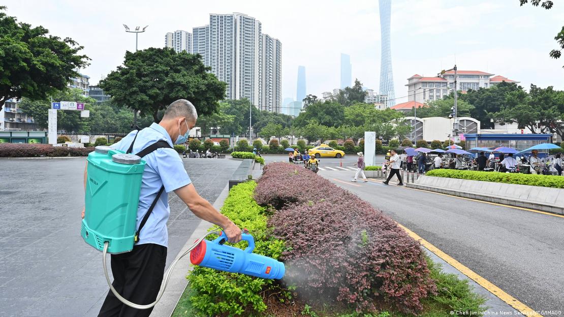 Trabajador sanitario rocía de insecticida un arbusto, como parte de un programa para la erradicación masiva de mosquitos en China. Trabajador sanitario rocía de insecticida un arbusto, como parte de un programa para la erradicación masiva de mosquitos en China.
