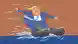 Карикатура: карикатурный президент США Дональд Трамп мчит по воде на двух подводных лодках, словно на водных лыжах