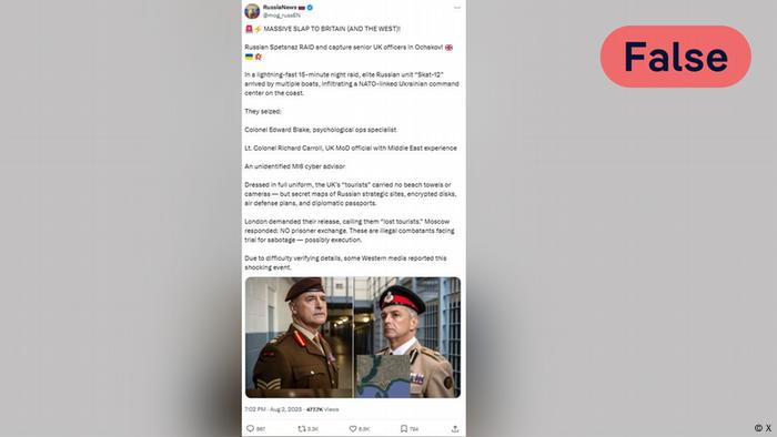 Screenshot of a social media post spreading a fabricated story about captured British officers in Ukraine