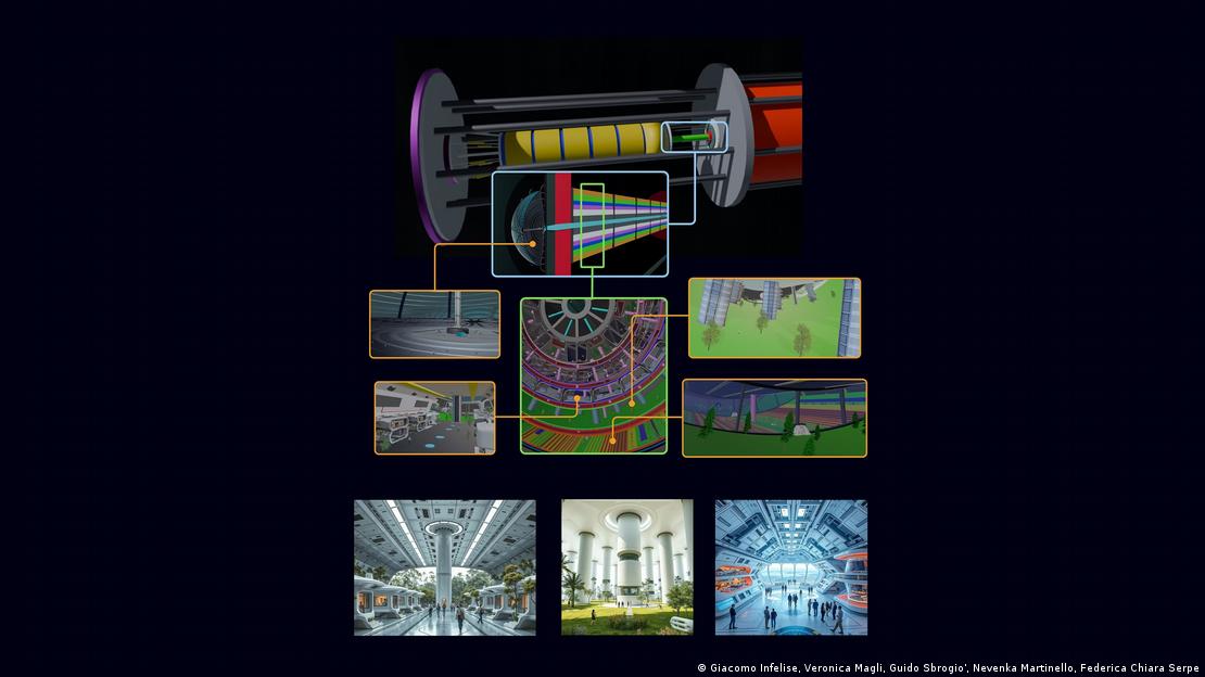 La nave Chrysalis organizó su espacio en niveles concéntricos giratorios: cultivos y biomas en el interior, seguidos de áreas comunitarias, zonas residenciales y, en el exterior, industrias y almacenes, culminando con el espectacular Cosmo Dome para contemplar el universo.