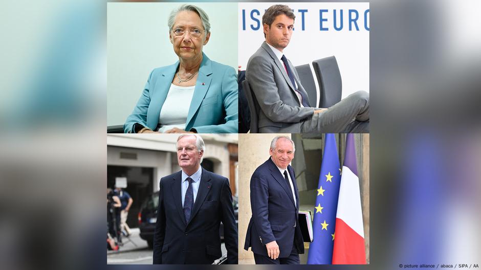 Francuski premijeri u poslednjih 20 meseci: Elizabet Born (gore levo), Gabrijel Atal (gore desno), Mišel Barnije (dole levo), Fransoa Bajru (dole desno)