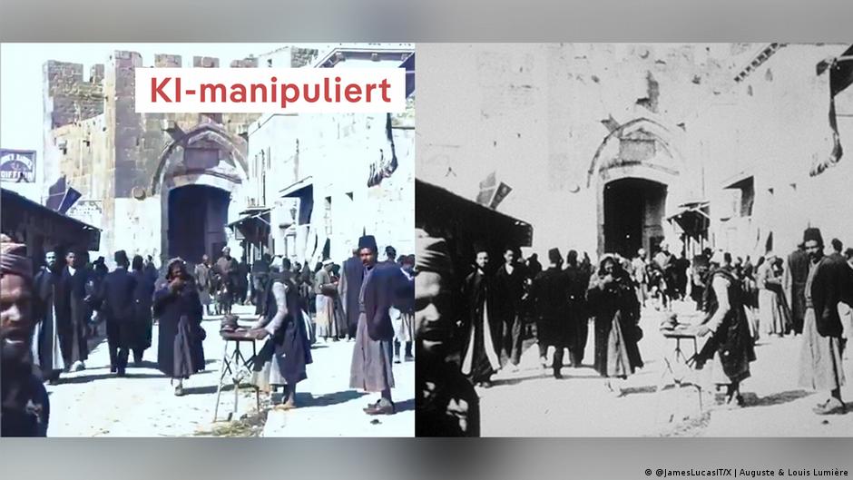 Image accompanying Geschäftiges Treiben auf den Straßen Jerusalems im Jahr 1897: Menschen flanieren durchs Bild, ein Händler bietet seine Waren vor dem Jaffator an, im Hintergrund