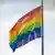 Eine Regenbogenflagge weht im Wind vor leicht bewölktem Himmel (17.05.2025)