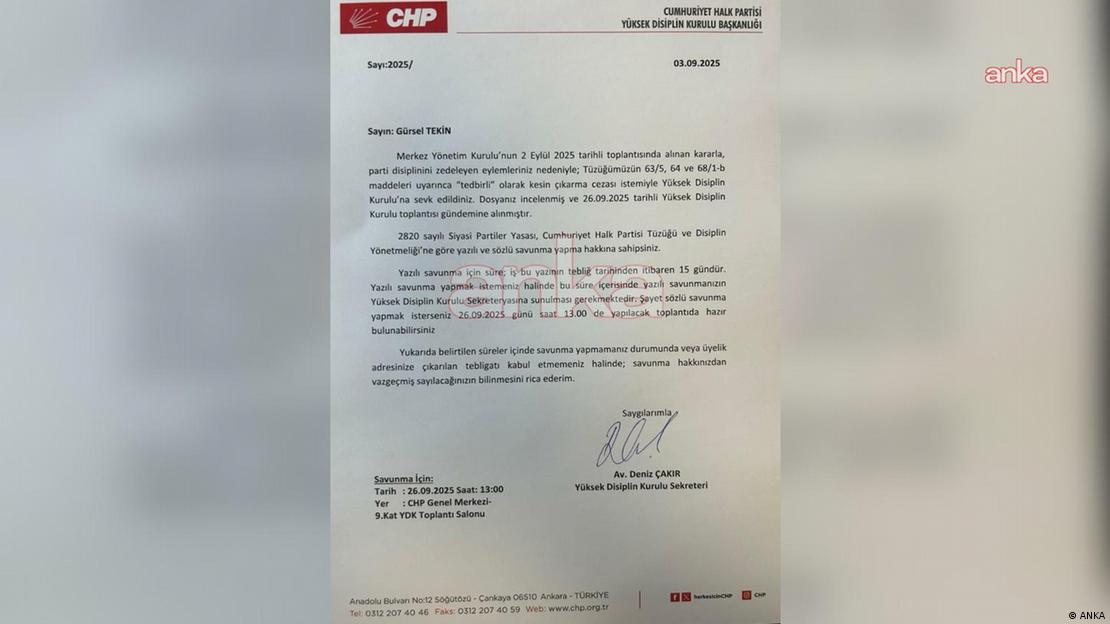Gürsel Tekin'e savunma yapması için iletilen bildirim. Üzerinde CHP logosu bulunan bir A4 kağıdında savunma talebine ilişkin detaylar yer alıyor