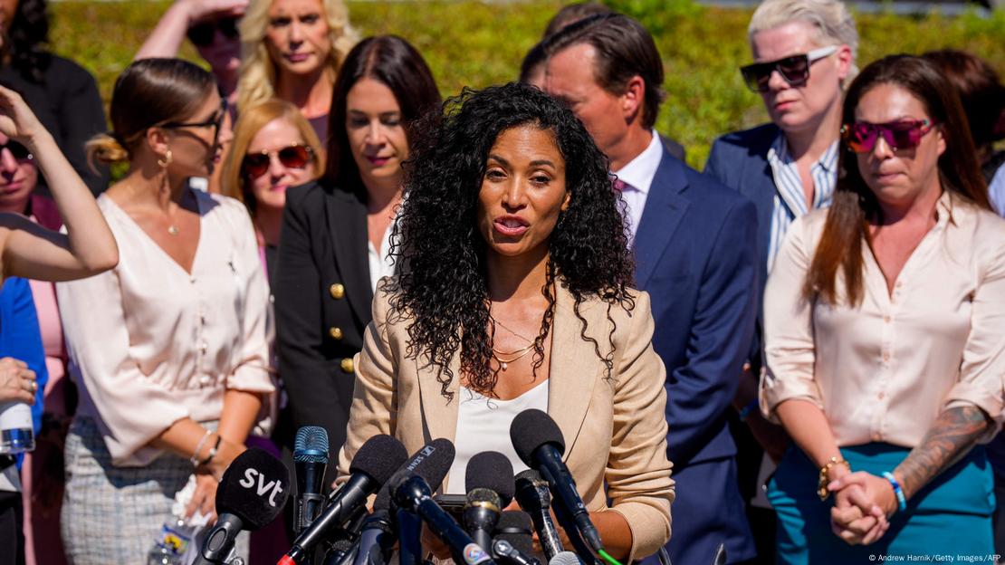 Survivor Lisa Phillips speaks at a news conference with alleged victims of disgraced financier and sex trafficker Jeffrey Epstein outside the US Capitol 