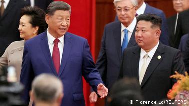 Image 5: Chinese President Xi Jinping and North Korean leader Kim Jong Un arrive for a reception marking the 80th anniversary of the end of World War Two, at the Great Hall of the People in Beijing, China, on September 3, 2025