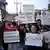 A group of students from the Nepal Student Union, affiliated with the Nepali Congress Party, hold placards and stage a symbolic demonstration against the Nepal government's decision to pass the Social Media Bill in the National Assembly in Kathmandu, Nepal, on February 12, 2025. 