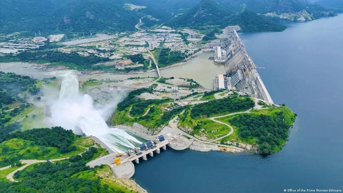 The image shows the Grand Ethiopian Renaissance Dam froma bird's perspective