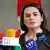 Belarusian opposition leader Sviatlana Tsikhanouskaya speaks to the media in Vilnius, Lithuania