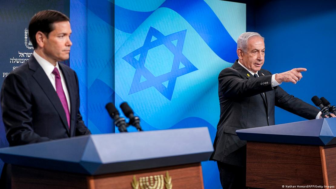 Secretário de Estado dos EUA, Marco Rubio, e premiê israelense Benjamin Netanyahu em coletiva de imprensa