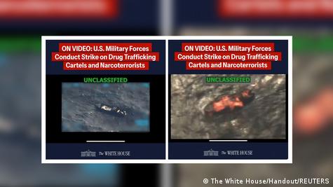 Imagen de un video posteado por Trump en su red social Truth Social sobre un ataque a una presunta embarcación de narcotráfico en aguas del mar Caribe.