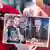 Menschen halten ein Plakat mit Charlie Kirk (l.) und Jimmy Kimmel bei einer Demonstration, "Jimmy apologize!!!" steht auf dem Bild