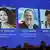 Portraitbilder der Preisträger bei der Verkündung in Stockholm auf einem großen Monitorbild
