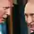 Donald Trump (left) and Vladimir Putin (right) stand close together and look each other in the eye.