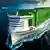 3D rendering of a modern nuclear cargo ship with stacks of containers on board