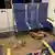 Chickens pecking through straw on the floor of a 1st class train carriage on the S6 traing from Essen to Cologne. October 14, 2025.