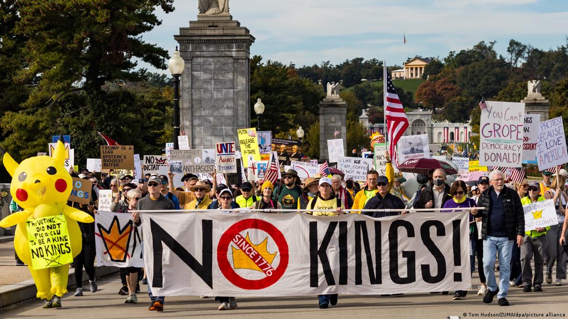 A group of Americans protest Donald Trump at a No Kings rally