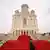 Red steps leading up to the The Romanian National Cathedral are seen
