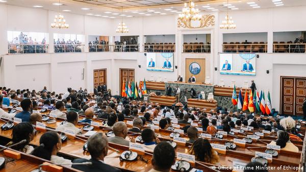 Lawmakers in Ethiopian parliament are listening to Abiy Ahmed's speech