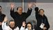 Kim Yong Nam and Kim Yo Jong wave at athletes, standing behind Soth Korea's Moon Jae-in and his wife at the 2018 Winter Olympics on February 2, 2018