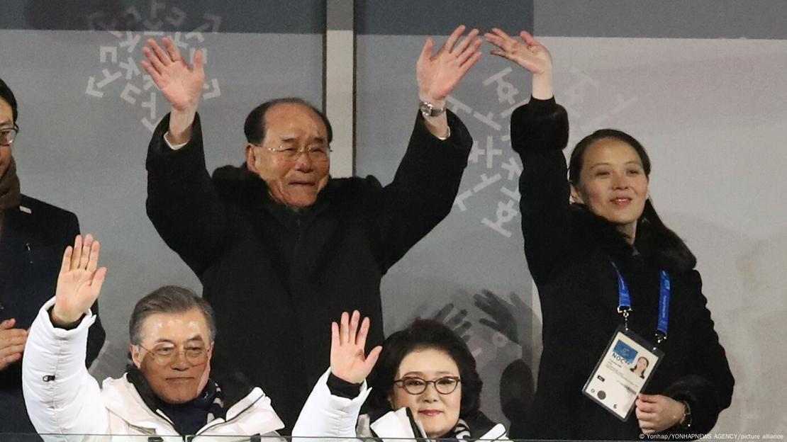 Kim Yong Nam and Kim Yo Jong wave at athletes, standing behind Soth Korea's Moon Jae-in and his wife at the 2018 Winter Olympics on February 2, 2018