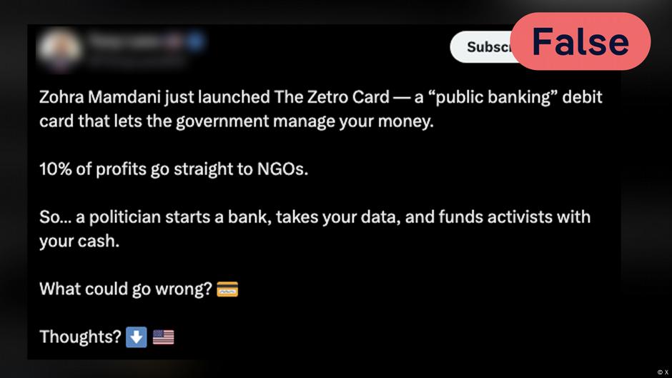 Snimak ekrana objave u kojoj se lažno tvrdi da je Zetro kartica, koju je predstavio Mamdani, u stvari debitna kartica