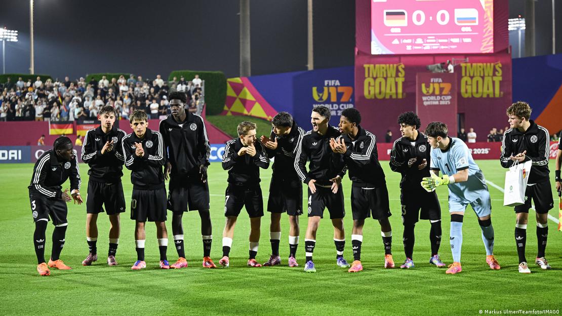 Germany's team lines up ahead of their game against Colombia