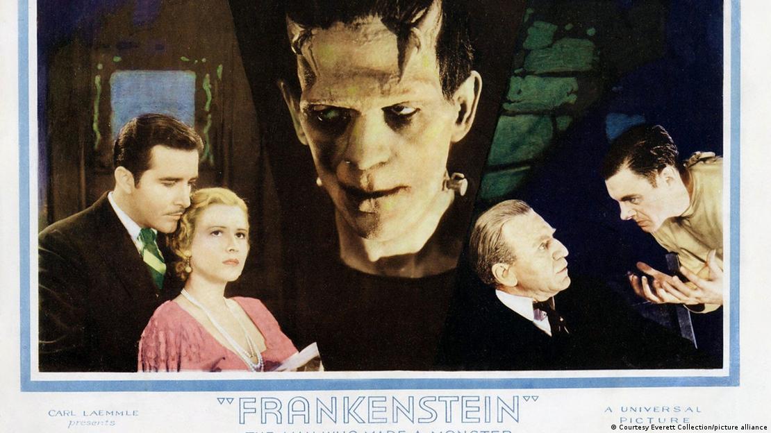 A promotional poster for Frankenstein, with from left to right: John Boles, Mae Clarke, Boris Karloff, Edward Van Sloan, Colin Clive, 1931.
