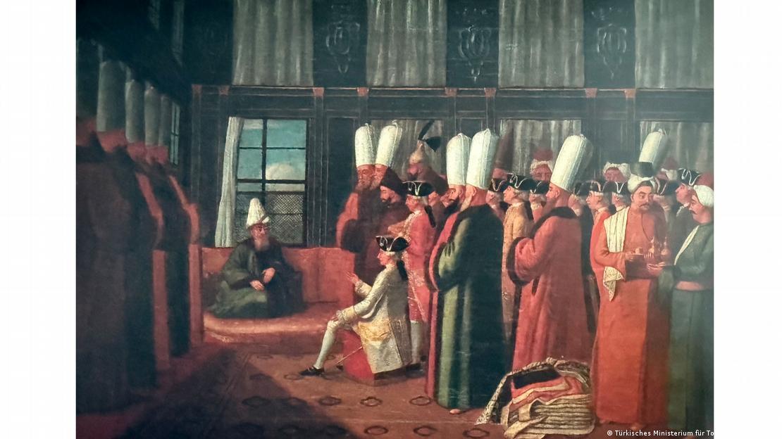 Fransız elçisi Kont de Vergennes'in Sadrazam tarafından kabulü. Anonim, Fransa, 18. yüzyıl. Antoine de Favray'nin (1706-1781) yaptığı resmin kopyası, tuval üzerine yağlıboya