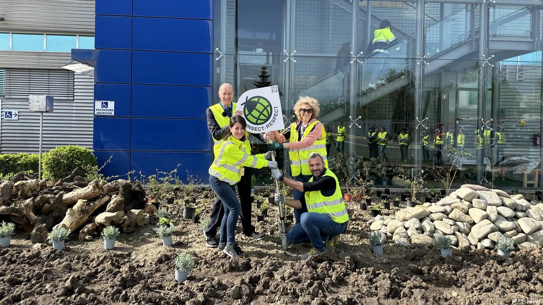 Quatro pessoas com coletes refletores seguram selo de qualidade Insect-Respect em jardim da loja da Ikea na Itália