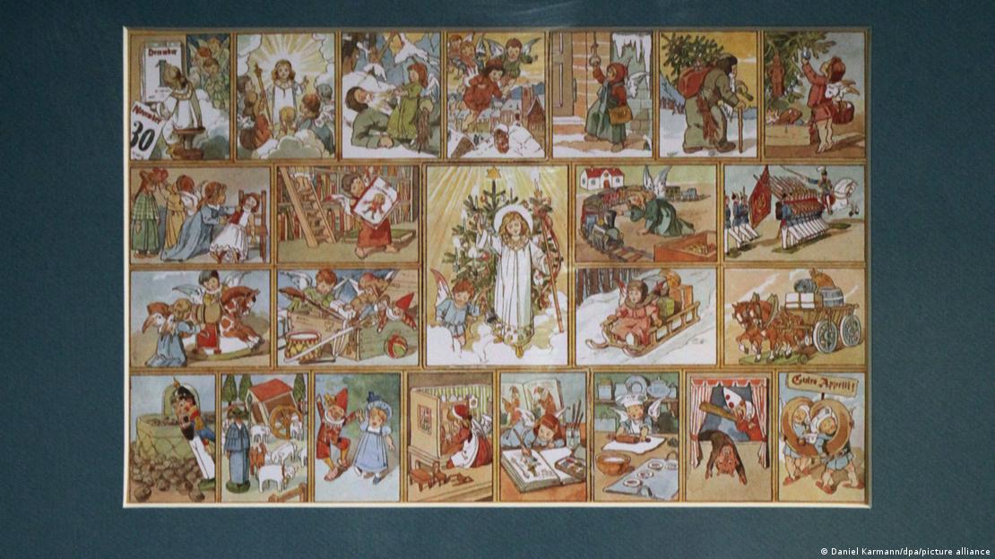Calendario de Adviento antiguo con motivos invernales.
