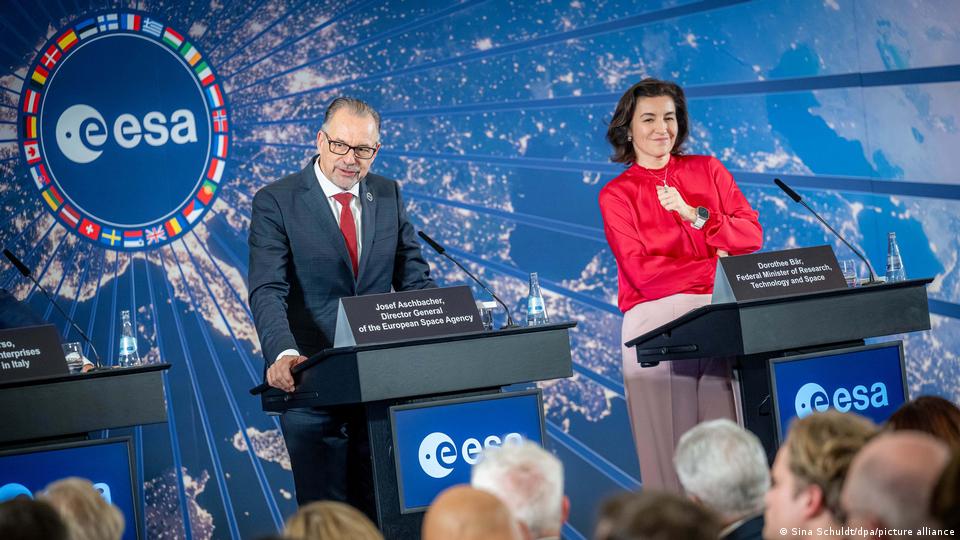 ESA Director General Josef Aschbacher and German Space Minister Dorothee Bär speak at the space agency's conference in Bremen on November 27, 2025
