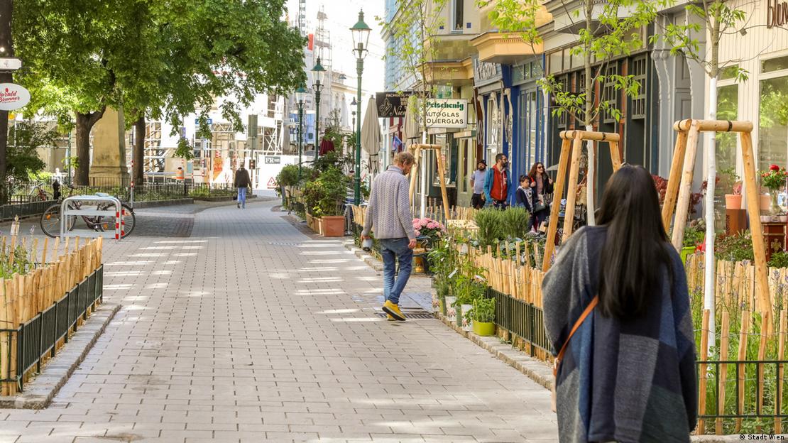 Rua de pedestres com canteiros e árvores no lugar dos carros
