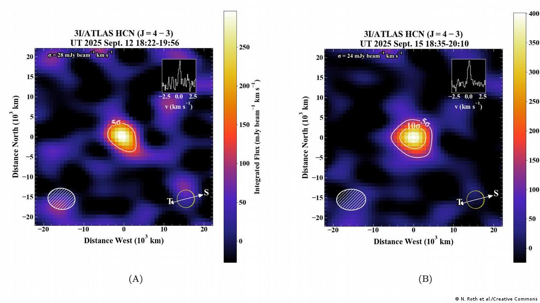 Mapas espectrales integrados muestran la distribución de cianuro de hidrógeno (HCN) en el cometa 3I/ATLAS durante observaciones realizadas en Chile.