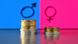 Moedas empilhadas em dois montes, um maior em frente a símbolo do sexo masculino e outro menor em frente ao símbolo do sexo feminino Moedas empilhadas em dois montes, um maior em frente a símbolo do sexo masculino e outro menor em frente ao símbolo do sexo feminino