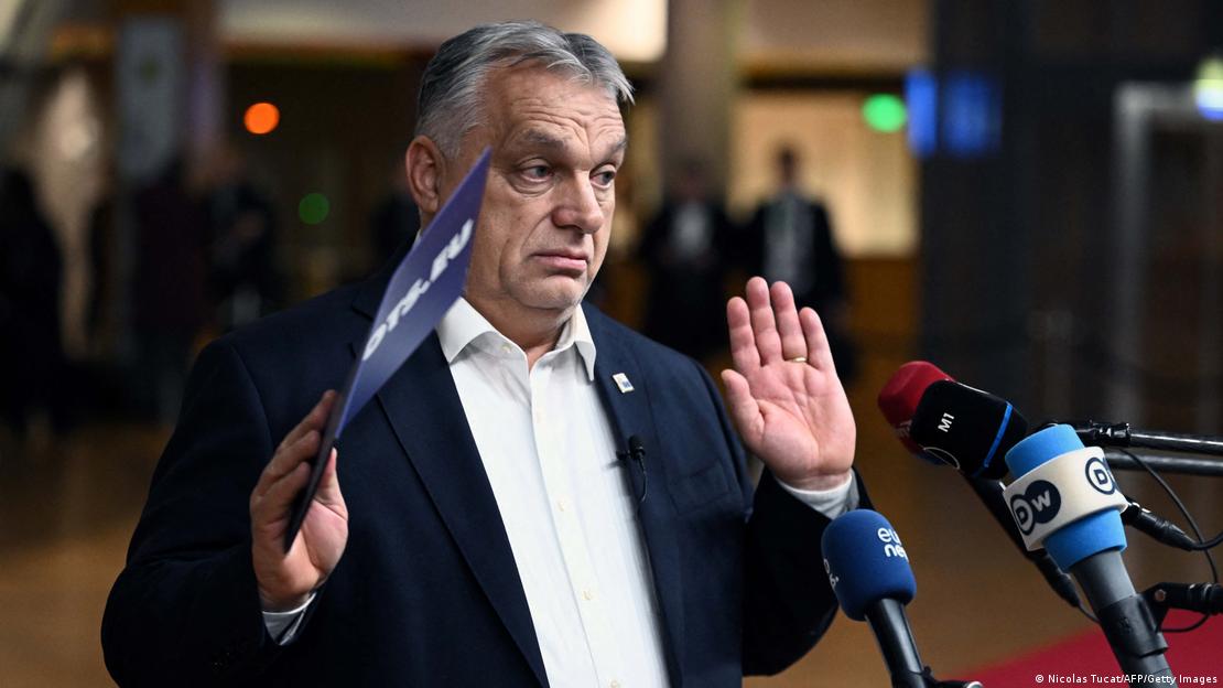 Premiê húngaro, Viktor Orbán, em coletiva de imprensa em Bruxelas