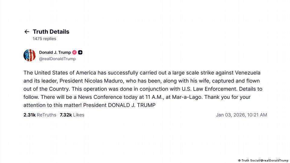 Imagen del post, con el texto: "The United States of America has successfully carried out a large scale strike against Venezuela and its leader, President Nicolas Maduro, who has been, along with his wife, captured and flown out of the Country. This operation was done in conjunction with U.S. Law Enforcement. Details to follow. There will be a News Conference today at 11 A.M., at Mar-a-Lago. Thank you for your attention to this matter! President DONALD J. TRUMP".