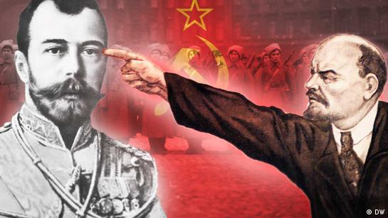 DW series "Unmasking Revolutions" - Russia | Collage with Tsar Nicholas II uf Russia, Lenin, Russian soldiers and the Soviet flag  