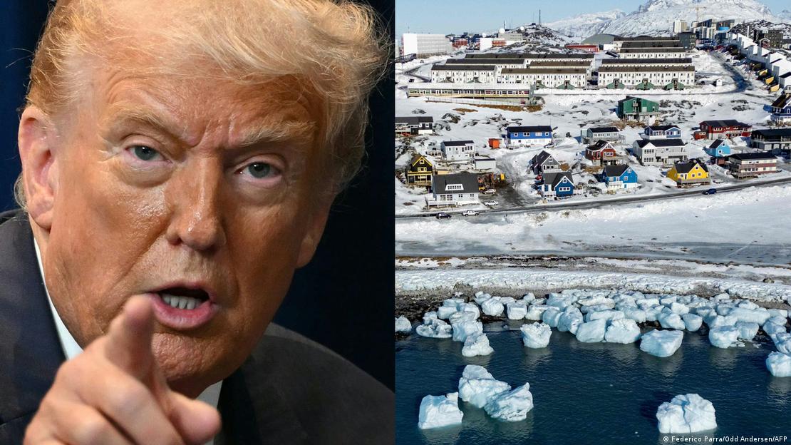 Fotomontazh: Donald Trump majtas, pamje nga Grënlanda, djathtas 