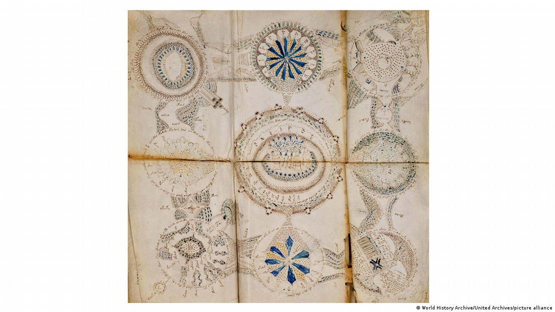 Página del manuscrito de Voynich con dibujos circulares y símbolos que nadie ha logrado descifrar.