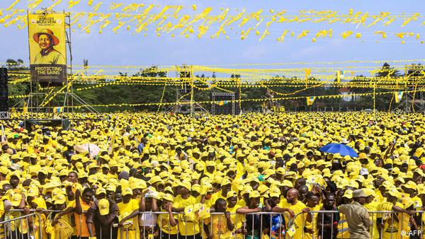 Supporters of Uganda's incumbent president and National Resistance Movement (NRM) presidential candidate Yoweri Museveni cheer during the party's closing campaign rally ahead of the 2026 Ugandan general elections, in Kampala