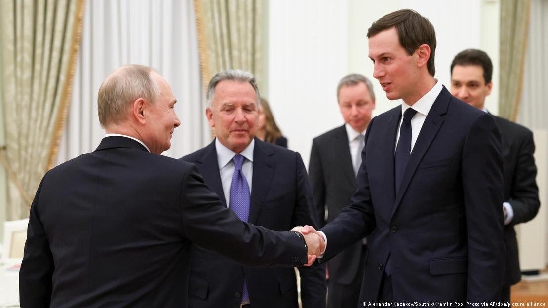 Russian President Vladimir Putin greets US President Donald Trump's envoys Steve Witkoff and Jared Kushner