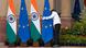 A worker adjusts a EU flag placed at the venue for the meeting between Indian Prime Minister Narendra Modi and European Commission President Ursula von der Leyen in New Delhi A worker adjusts a EU flag placed at the venue for the meeting between Indian Prime Minister Narendra Modi and European Commission President Ursula von der Leyen in New Delhi
