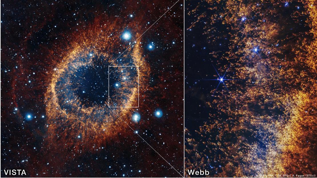 Comparación de la nebulosa Helix: imagen completa (izquierda) e imagen del James Webb (derecha).