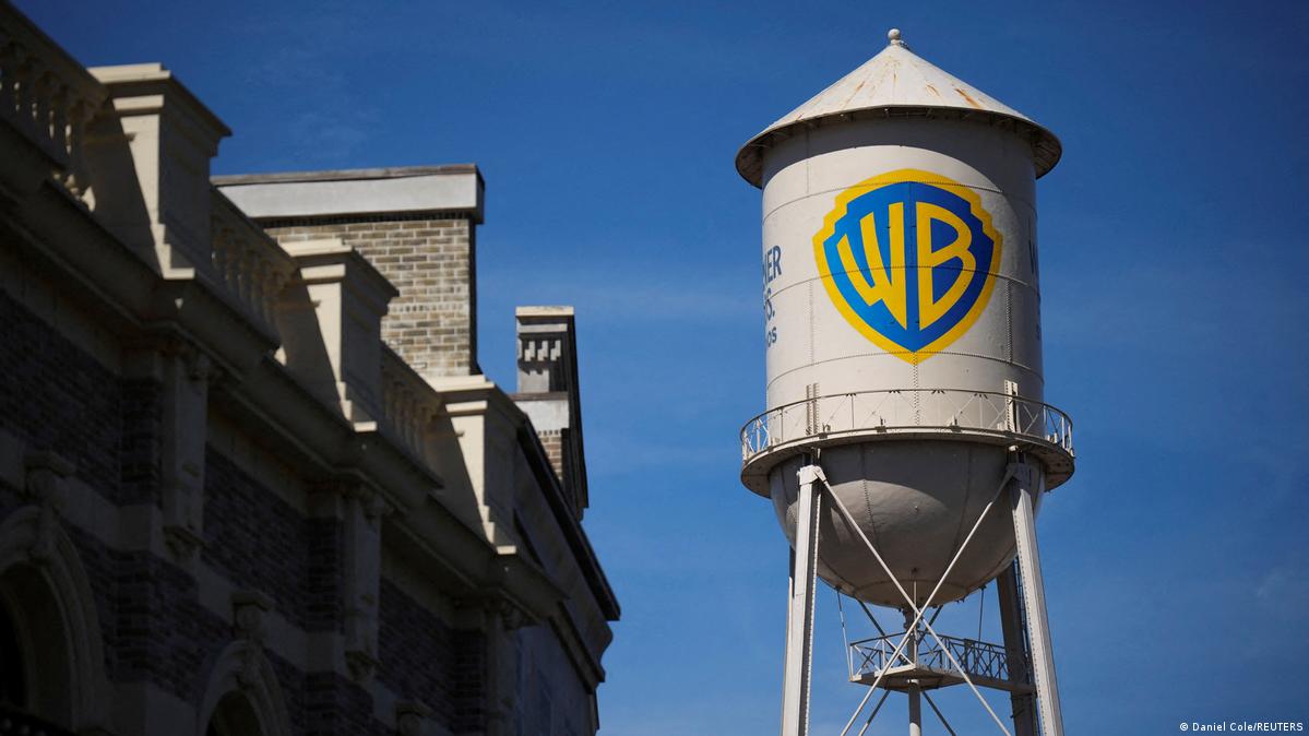 A water tower spotting a large WB logo pictured at Warner Bros. Studios in Burbank, California (February 27, 2026)